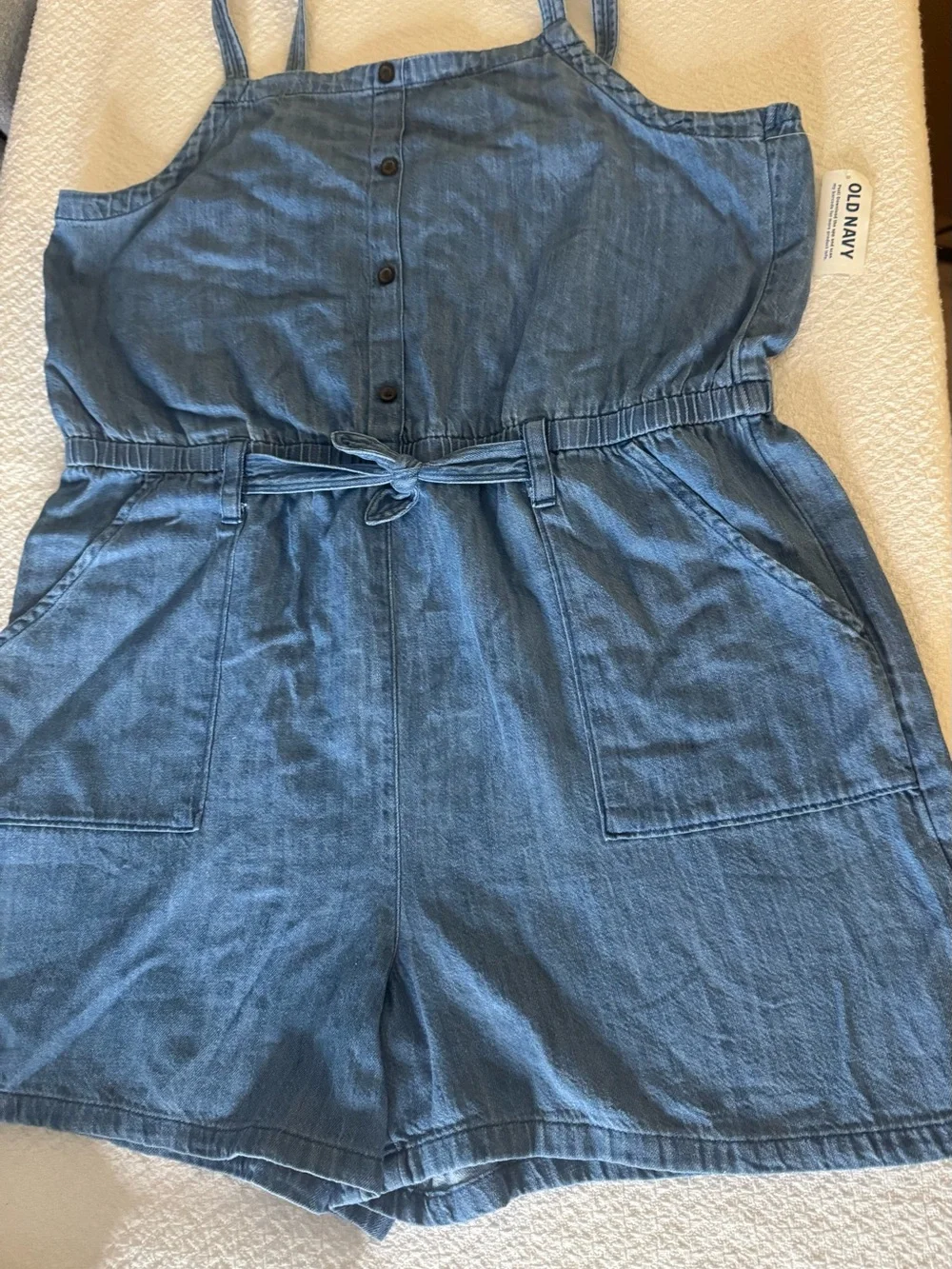 Old Navy Light Blue Denim Sleeveless Romper with Tie Waist